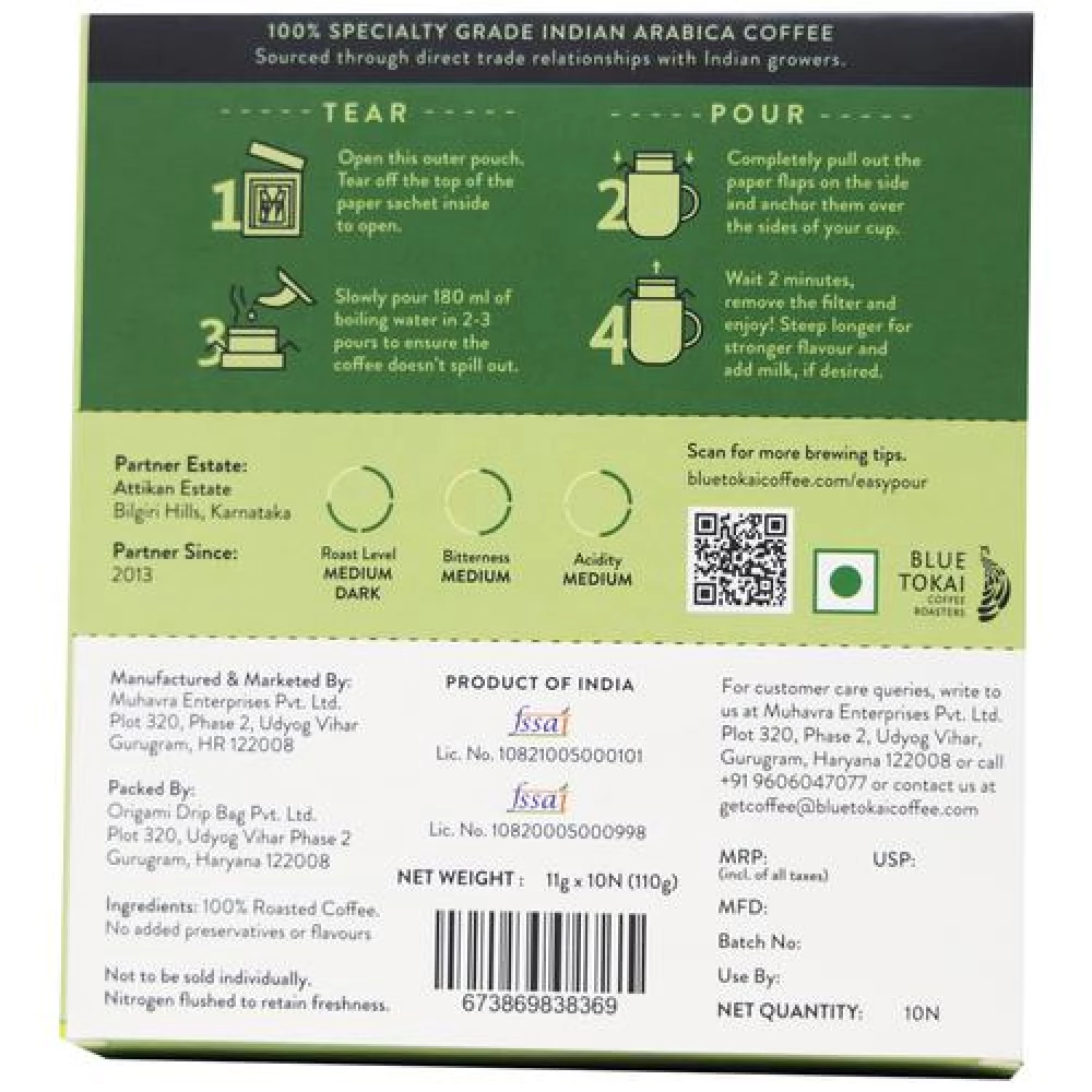 Blue Tokai Easy Pour Coffee Brew Bags Attikan Estate Medium-Dark Roast, 110 g (10 Sachets x 11 g each)-2.webp